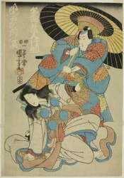 Die Schauspieler Ichimura Uzaemon XII als Tada Kurodo Yukitsuna und Bando Shuka als Geist von Naruto no Mae