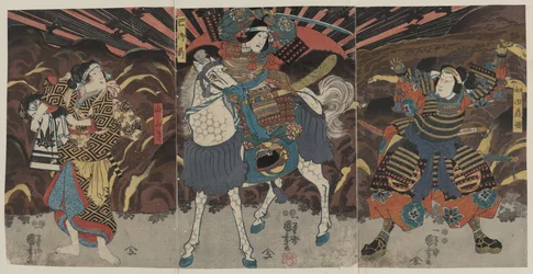 Drei Schauspieler in den Rollen der Samurai Wadai Yoshimori, Tomoe Gozen und Yamabuki
