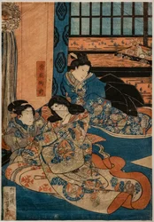 Tokiwa Gozen, Geliebte von Minamoto no Yoshitsune, in einer Kabuki-Szene (Xylographie auf Papier)