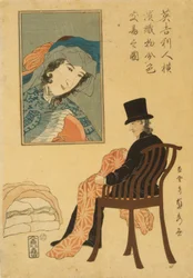 Englischer Kaufmann sortiert Stoffe für den Handel in Yokohama, 1861