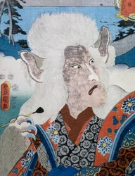 Porträt des Kabuki-Theaterschauspielers Morita Karya mit zoomorpher Maske, ukiyo-e Kunstdruck von Utagawa Toyokuni (1769-1825), Holzschnitt, japanische Zivilisation, Edo-Zeit