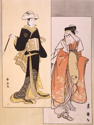 Porträts von Schauspielern auf der Bühne, ca. 1794-1796, Ukiyo-e von Shun-Yei und Utagawa Toyokuni, Reproduktion eines Holzschnitts, japanische Zivilisation, Edo-Periode
