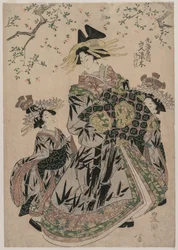 Die Kurtisane Katakoshigi (?) von Maruebiya mit ihren Kamuro Ageha und Midori