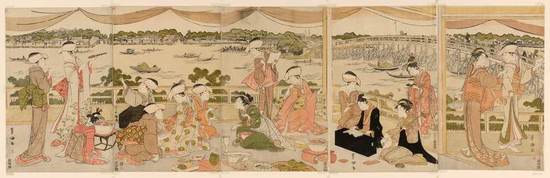 Vortrag auf einer Veranda mit Blick auf den Sumida-Fluss