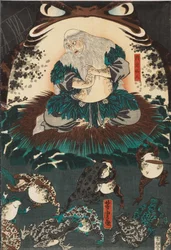 Nikushi, der Froschgeist, beschwört eine magische Schlacht der Frösche in Tateyama in der Provinz Etchū herauf