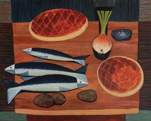 Stillleben mit Brot und Fisch