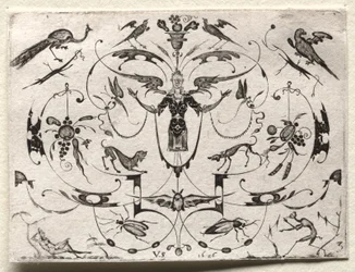 Arabeske mit Pfau, Sittich, Hunden und Insekten