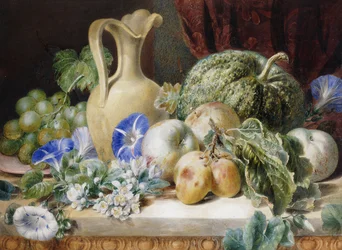 Ein Stillleben mit einem Krug, Äpfeln, Pflaumen, Trauben und Blumen