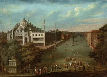Prozession des Großwesirs auf dem Hippodromplatz mit der Sultan-Ahmed-Moschee, 1737