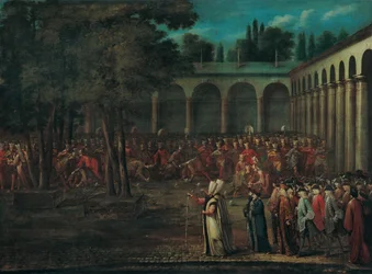 Die Botschafterdelegation durchquert den zweiten Hof des Topkapi-Palastes, 1720er Jahre