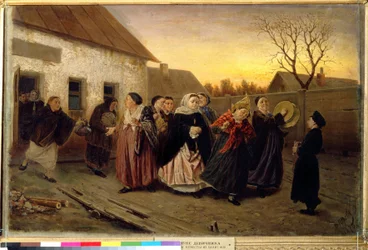 Russischer Brauch: Prozession von Frauen, die am Vorabend einer Hochzeit aus einem Haus tanzen und singen