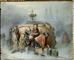 Die Schlange am Brunnen. Mitten im Winter warten die Einwohner der Stadt bei kaltem Wind und Nebel darauf, an die Reihe zu kommen und ihre Eimer mit Trinkwasser zu füllen. (1834-1882)