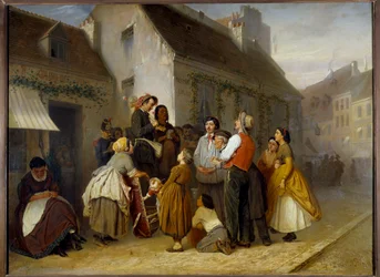 Straßenszene in Paris. Passanten bleiben vor einem Paar Straßenmusikanten stehen: Der Mann spielt die Erhu und seine Frau singt