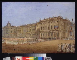 Militärparade im Winterpalast in Sankt Petersburg.