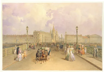 Ansicht der Blagoweschtschenski-Brücke in Sankt Petersburg, 1851