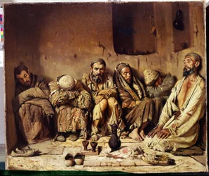 Orientalismus: Opiumraucher, die in einer Straße im Nahen Osten sitzen. Gemälde (1842-1904)