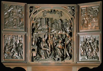 Altar der Heiligen Maria. Linke Tafeln: Flucht nach Ägypten