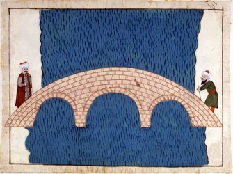 Konstantinopel. Galata-Brücke. Miniatur aus „Türkische Denkmäler“ (Codex Cicogna 1971 „Memorie Turchesche“) Aquarell aus der venezianischen Schule des 17. Jahrhunderts