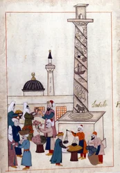 Konstantinopel; der Basar (oder Spaziergänge) in der Nähe des Obelisken. Miniatur aus „Türkische Denkmäler“ (Codex Cicogna 1971 „Memorie Turchesche“) Aquarell aus der venezianischen Schule des 17. Jahrhunderts