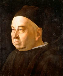 Porträt eines Geistlichen, Brustbild, mit schwarzem Mantel und Mütze, ca. 1490