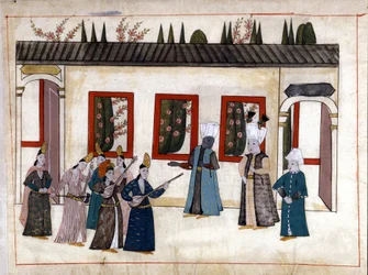 Der Sultan besucht die Favoritin mit der Mutter und dem Oberhaupt der Eunuchen. Miniatur aus „Türkische Denkmäler“ (Codex Cicogna 1971 „Memorie Turchesche“) Aquarell aus der venezianischen Schule des 17. Jahrhunderts.