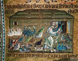 Byzantinische Architektur: „Noah bringt die Tiere vor der Sintflut in die Arche“, Mosaik venezianischer Künstler aus dem 13. Jahrhundert, Basilica di San Marco (Markusdom), Venedig