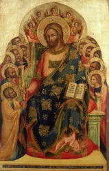 Christus auf dem Thron mit Heiligen und Engeln, die den Schlüssel an St. Peter übergeben