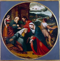 Heimsuchung. Begegnung zwischen der Jungfrau Maria und der Heiligen Elisabeth. Im Hintergrund, St. Joseph und Zacharias