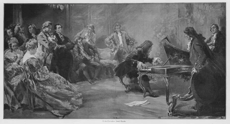 Der österreichische Komponist Joseph Haydn spielt Klavier (Lithografie)