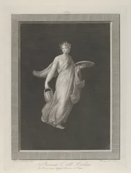 Eine teilweise nackte Bacchantin hält eine Scheibe in ihrer erhobenen linken Hand und einen Eimer, ca. 1795-1820