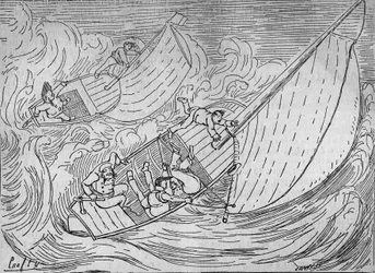 Segelrennen: zwei Regatten, die Goëland und der Monitor kenterten - Auszug aus dem Leuchtturm von Kerkamadec - Zeichnung von Crafty - in „Le Centaure“