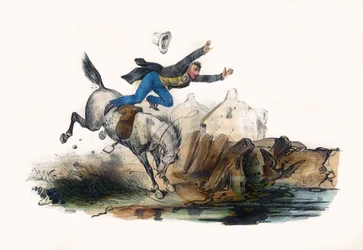 Ein Reiter stürzt nach dem Ansturm seines Pferdes. In „Album Grotesque, Auswahl bemerkenswerter Typen“, Illustrationen von Victor Adam, Paris, um 1850.