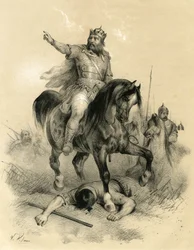Attila (um 395-453), seit 445 alleiniger Herrscher der Hunnen, verwüstete die Reiche des Ostens und des Westens - Barbareneinfälle - Stich von Victor Adam (1801-1866) im Buch „Frankreich im Mittelalter“, veröffentlicht von den Brüdern Ardant in der Mitte