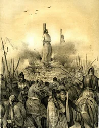 Tod des Jacques de Molay (1243-1314), letzter Großmeister des Templerordens. Philippe le Bel ließ ihn verhaften, foltern und einsperren, bevor er ihn lebendig verbrannte, zusammen mit dem Kommandanten der Normandie, Geoffroy de Charnay