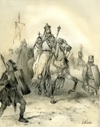 Kaiser Karl der Große, der die Machtinsignien trägt, reitet an der Spitze seiner Truppen. Gravur von Victor Adam (1801-1866) im Buch „Frankreich im Mittelalter“ veröffentlicht von den Ardant-Brüdern im 19. Jahrhundert.