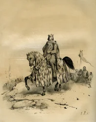 Philipp VI. von Valois (1293-1350), König von Frankreich von 1328 bis 1350, erster König der Valois-Dynastie, reitet an der Spitze seiner Truppen, als er 1328 die Macht übernahm, trotz der Ansprüche von Eduard III. von England. Dieser Streit eröffnete den 