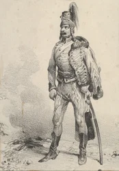 Stehender Soldat mit seiner Jacke über einer Schulter, Mitte des 19. Jahrhunderts