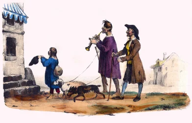 Zwei Blinde, geführt von Hunden und ein bettelndes Kind. In „Album Grotesque, Auswahl bemerkenswerter Typen“, Illustrationen von Victor Adam, Paris, um 1850.