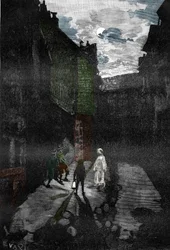 Paranormales Phänomen: „Erscheinung eines Geistes im Hof eines Spukschlosses“. Gravur aus „Les mysteres de la science“ von Louis Figuier, Privatsammlung