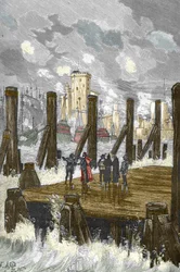 Belagerung von La Rochelle (1627-1628): „Der Kardinal von Richelieu (1585-1642) auf dem Damm von La Rochelle während der Belagerung der Stadt, Waffenplatz der Protestanten im Oktober 1628“