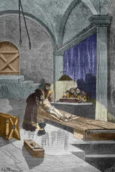 Der Priester Pierre Aupetit der Hexerei beschuldigt und vor seiner Verbrennung gefoltert, 25.05.1588 (Gravur)