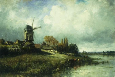 Eine Flusslandschaft mit einer Windmühle, 1870