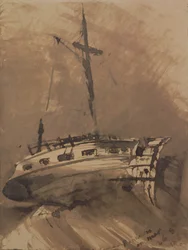 Ein Schiff in stürmischer See, 1864 (Feder und Tuschlavierung auf Papier)