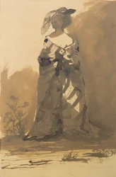 Frau mit Mantel und Federhut