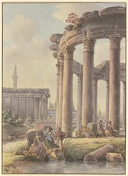 Architektonisches Capriccio: Ruinen eines Rundtempels, im Hintergrund die Trajansäule
