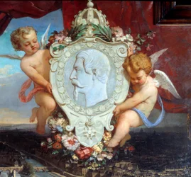 (Detail) Der Louvre von Napoleon III. Ansicht des Palais du Louvre und das Porträt von Napoleon III. (1808-1873) im Medaillon