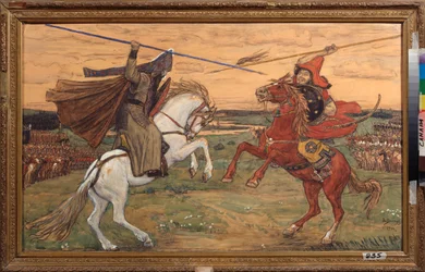 Das Duell zwischen Alexander Pereswet und dem Tataren Tschelibei (oder Tschelubei, Temir Mursa (Temir-Mursa)) auf dem Kulikowo-Feld im Jahr 1380, während der Schlacht zwischen den Russen und der Goldenen Horde