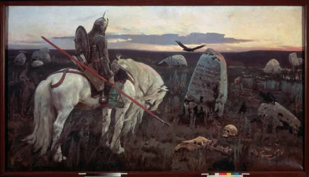 Ein Ritter am Scheideweg (Der mit einer Lanze bewaffnete Ritter scheint melancholisch vor einer gravierten Stele in der Ebene zu stehen, die von menschlichen Gebeinen umgeben ist und in der Abenddämmerung von einem Raben überflogen wird)