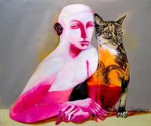 Rosa Figur und Katze