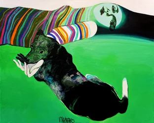 Surrealer Hund und Hände